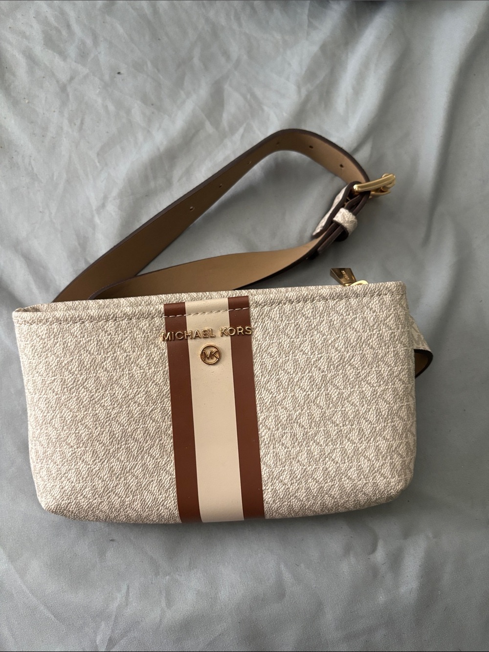 Michael Kors Cream and Brown Signature Stripe Crossbody
